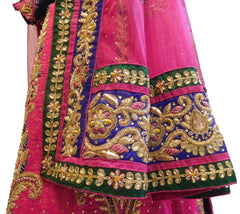 The Show Stopper Pink & Blue Designer Bridal Hand Embroidery Bullion Thread Stone Cutdana Work Pure Raw Silk Lahenga With Net Dupatta & Velvet Blouse