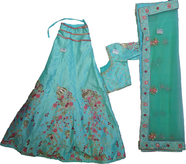 SMSAREE Green Designer Wedding Partywear Pure Raw Silk Cutdana Zari Beads Thread Bullion Pearl Sequence & Stone Hand Embroidery Work Bridal Lahenga Dupatta Ghaghra Choli Bari Ki Til With Blouse Piece F005