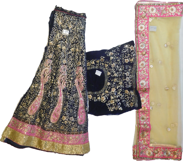 SMSAREE Beige & Blue Designer Wedding Partywear Velvet & Net Cutdana Zari Beads & Stone Hand Embroidery Work Bridal Lahenga Dupatta Ghaghra Choli Bari Ki Til With Blouse Piece F007