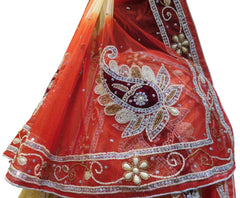 Cream & Red Designer Wedding Partywear Net Bullion Beads Stone Pearl Hand Embroidery Work Bridal Lahenga Choli Dupatta Semistitched LAE120