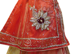 Cream & Red Designer Wedding Partywear Net Bullion Beads Stone Pearl Hand Embroidery Work Bridal Lahenga Choli Dupatta Semistitched LAE121