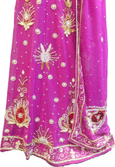 SMSAREE Pink Designer Wedding Partywear Georgette Cutdana Zari Beads & Stone Hand Embroidery Work Bridal Lahenga Dupatta Ghaghra Choli Bari Ki Til With Blouse Piece E974