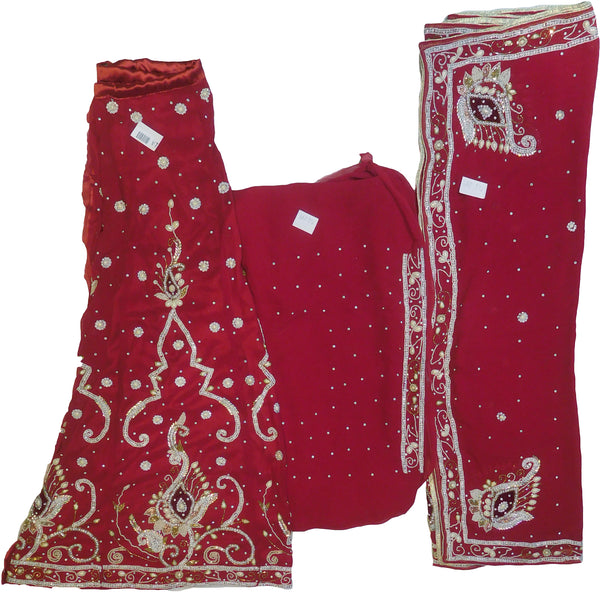 SMSAREE Red Designer Wedding Partywear Georgette Cutdana Zari Beads & Stone Hand Embroidery Work Bridal Lahenga Dupatta Ghaghra Choli Bari Ki Til With Blouse Piece E976