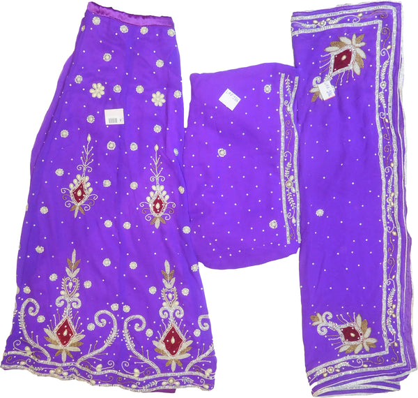 SMSAREE Purple Designer Wedding Partywear Georgette Cutdana Zari Beads & Stone Hand Embroidery Work Bridal Lahenga Dupatta Ghaghra Choli Bari Ki Til With Blouse Piece E986