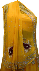 SMSAREE Yellow Designer Wedding Partywear Georgette Cutdana Zari Beads & Stone Hand Embroidery Work Bridal Lahenga Dupatta Ghaghra Choli Bari Ki Til With Blouse Piece E992