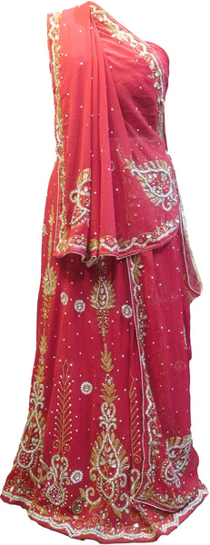 SMSAREE Red Designer Wedding Partywear Georgette Cutdana Zari Beads & Stone Hand Embroidery Work Bridal Lahenga Dupatta Ghaghra Choli Bari Ki Til With Blouse Piece E996