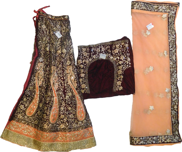 SMSAREE Beige & Blue Designer Wedding Partywear Velvet & Net Cutdana Zari Beads & Stone Hand Embroidery Work Bridal Lahenga Dupatta Ghaghra Choli Bari Ki Til With Blouse Piece F008