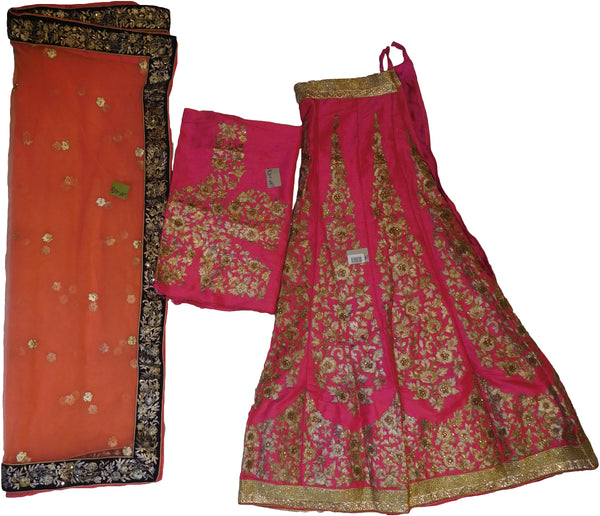 SMSAREE Pink & Peach Designer Wedding Partywear Raw Silk & Net CutdanaThread Zari & Stone Hand Embroidery Work Bridal Lahenga Dupatta Ghaghra Choli Bari Ki Til With Blouse Piece F053