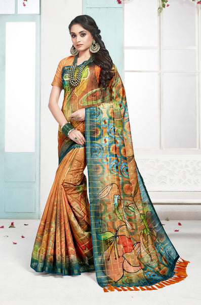 Orange Cotton Designer Saree Sari