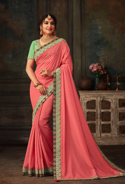 Pink Poly Silk Heavy Work Saree Sari