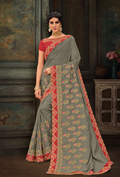 Grey Poly Silk Heavy Work Saree Sari