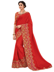 Red Satin Silk Full Designer Saree Sari
