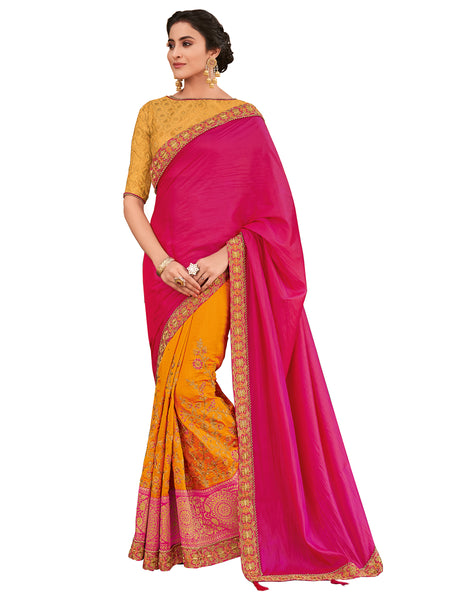 Magenta & Yellow Two Tone Silk Full Designer Saree Sari