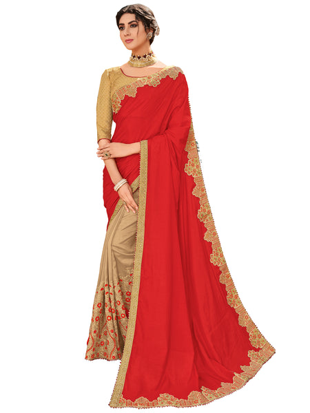 Red & Beige Two Tone Silk Full Designer Saree Sari