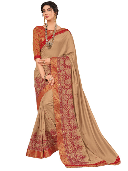 Beige Silk Fabrics Full Designer Saree Sari