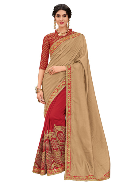 Gold & Red Silk Fabrics Full Designer Saree Sari