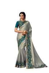 Silver Poly Silk Heavy Designer Saree Sari