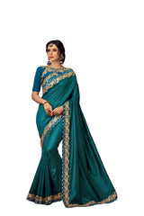 Teal Blue Poly Silk Heavy Designer Saree Sari