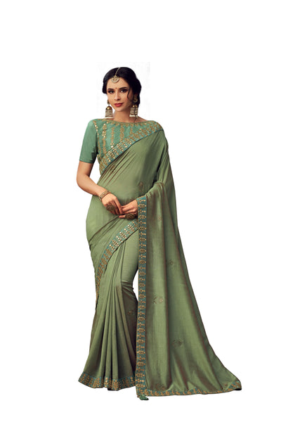 Olive Green Poly Silk Heavy Designer Saree Sari
