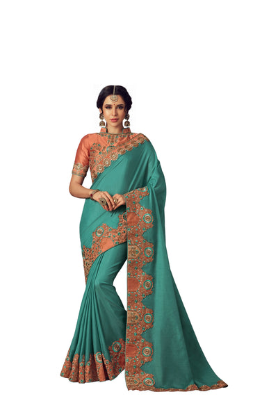 Turquoise Blue Poly Silk Heavy Designer Saree Sari