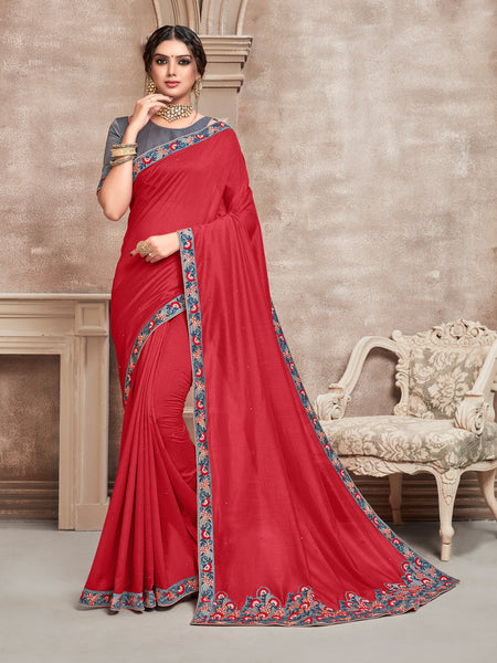 Red Poly Silk Designer Saree Sari