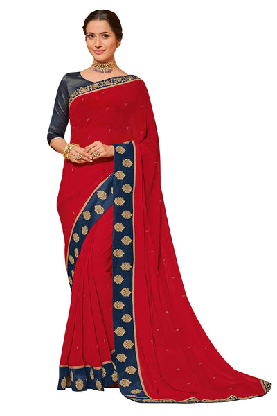 Red Chiffon Fancy Designer Saree Sari