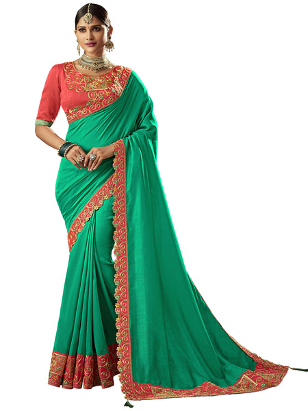 Green Silk Fabrics Heavy Stone Design Full Saree Sari