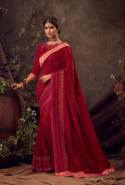 Red Poly Silk Heavy Designer Saree Sari