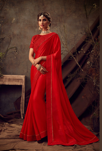 Red Poly Silk Heavy Designer Saree Sari