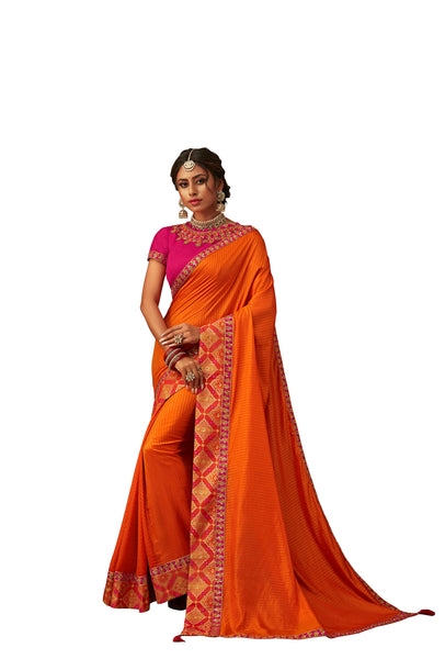Orange Poly Silk Heavy Designer Saree Sari
