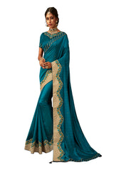 Teal Blue Poly Silk Heavy Designer Saree Sari