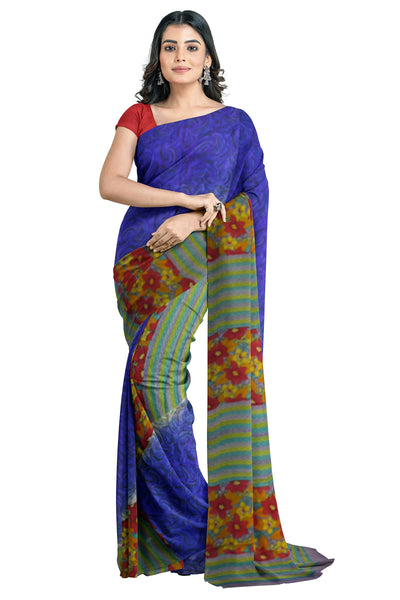 Multicolour Designer Wedding Partywear Pure Crepe Printed Hand Embroidery Work Bridal Saree Sari With Blouse Piece PC100
