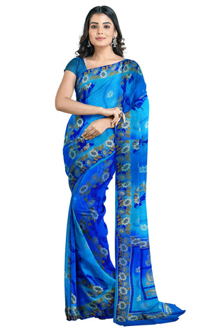 Multicolour Designer Wedding Partywear Pure Crepe Printed Hand Embroidery Work Bridal Saree Sari With Blouse Piece PC11