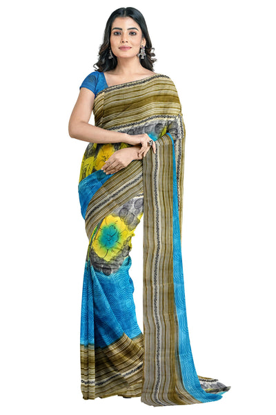 Multicolour Designer Wedding Partywear Pure Crepe Printed Hand Embroidery Work Bridal Saree Sari With Blouse Piece PC14