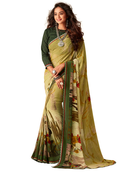 Lemon Green Georgette Fancy Designer Saree Sari