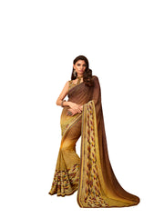 Yellow & Brown Georgette Fancy Designer Saree Sari