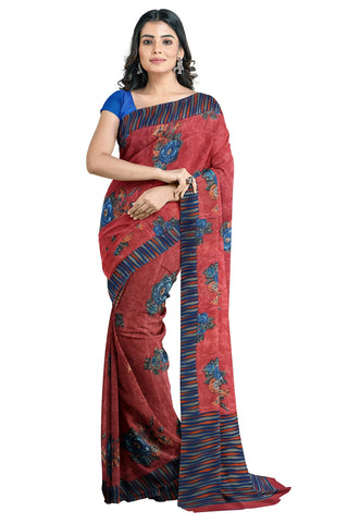 Multicolour Designer Wedding Partywear Pure Crepe Printed Hand Embroidery Work Bridal Saree Sari With Blouse Piece PC1