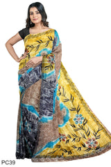 Multicolour Designer Wedding Partywear Pure Crepe Printed Hand Embroidery Work Bridal Saree Sari With Blouse Piece PC39