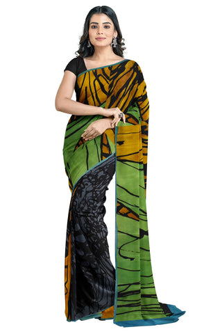 Multicolour Designer Wedding Partywear Pure Crepe Printed Hand Embroidery Work Bridal Saree Sari With Blouse Piece PC3
