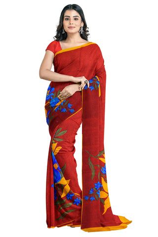 Multicolour Designer Wedding Partywear Pure Crepe Printed Hand Embroidery Work Bridal Saree Sari With Blouse Piece PC46