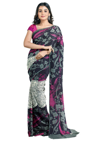 Multicolour Designer Wedding Partywear Pure Crepe Printed Hand Embroidery Work Bridal Saree Sari With Blouse Piece PC48