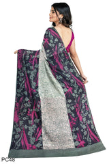 Multicolour Designer Wedding Partywear Pure Crepe Printed Hand Embroidery Work Bridal Saree Sari With Blouse Piece PC48