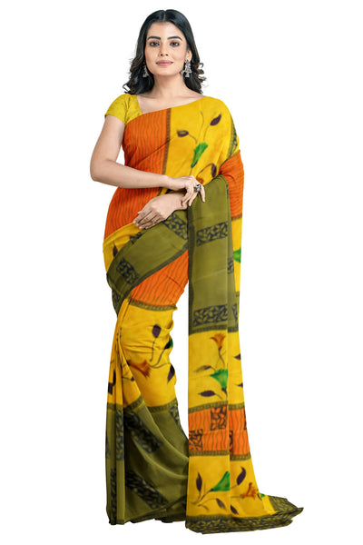 Multicolour Designer Wedding Partywear Pure Crepe Printed Hand Embroidery Work Bridal Saree Sari With Blouse Piece PC65