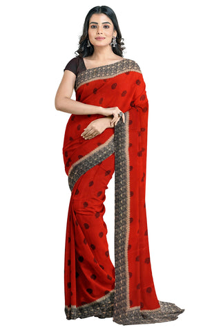 Multicolour Designer Wedding Partywear Pure Crepe Printed Hand Embroidery Work Bridal Saree Sari With Blouse Piece PC69