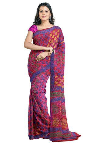 Multicolour Designer Wedding Partywear Pure Crepe Printed Hand Embroidery Work Bridal Saree Sari With Blouse Piece PC72