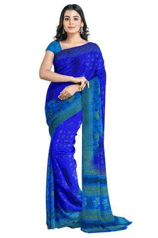 Multicolour Designer Wedding Partywear Pure Crepe Printed Hand Embroidery Work Bridal Saree Sari With Blouse Piece PC77