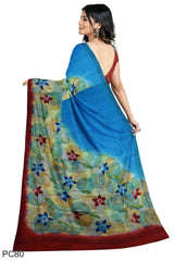 Multicolour Designer Wedding Partywear Pure Crepe Printed Hand Embroidery Work Bridal Saree Sari With Blouse Piece PC80
