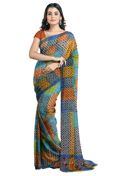 Multicolour Designer Wedding Partywear Pure Crepe Printed Hand Embroidery Work Bridal Saree Sari With Blouse Piece PC82