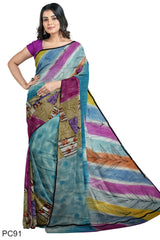 Multicolour Designer Wedding Partywear Pure Crepe Printed Hand Embroidery Work Bridal Saree Sari With Blouse Piece PC91
