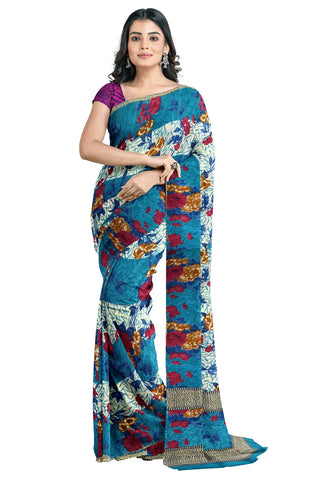 Multicolour Designer Wedding Partywear Pure Crepe Printed Hand Embroidery Work Bridal Saree Sari With Blouse Piece PC9